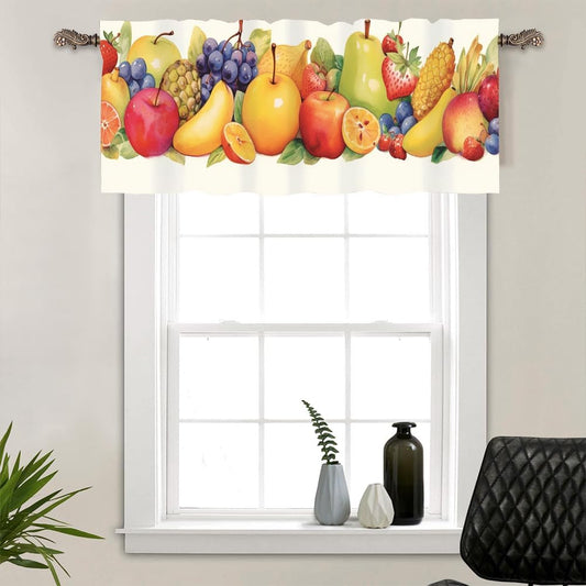 1 Panel Lemon Banana Curtain Valance for Windows, Strawberry Pear Colorful Fruit Rod Pocket Short Window Treatment Decor Drapes for Kitchen, Bathroom, 54" X 18"