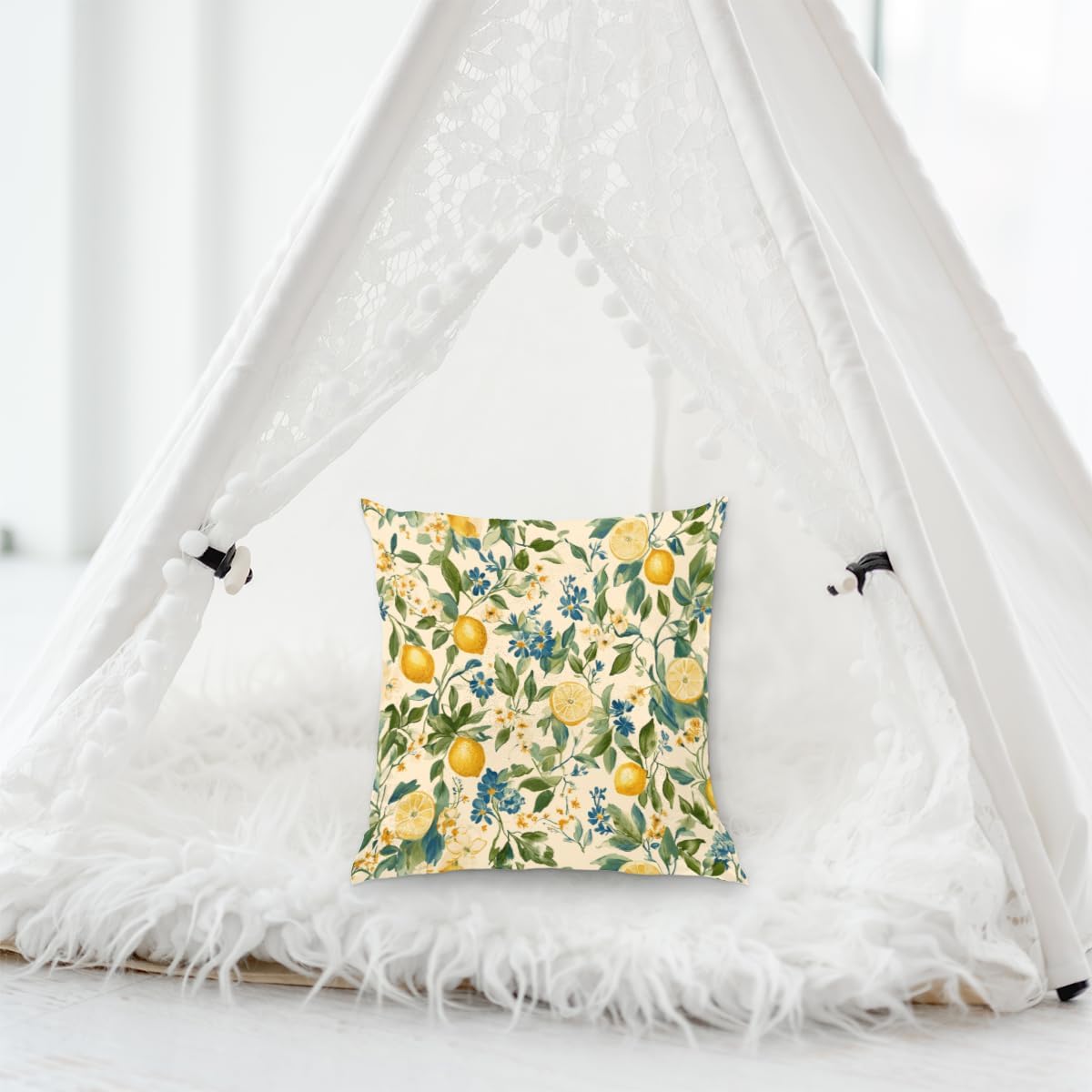 Throw Pillow Covers Summer Flowers Lemons Pillow Cases Square Cushion Cover for Sofa Couch Bedroom Living Room 16x16 Inch