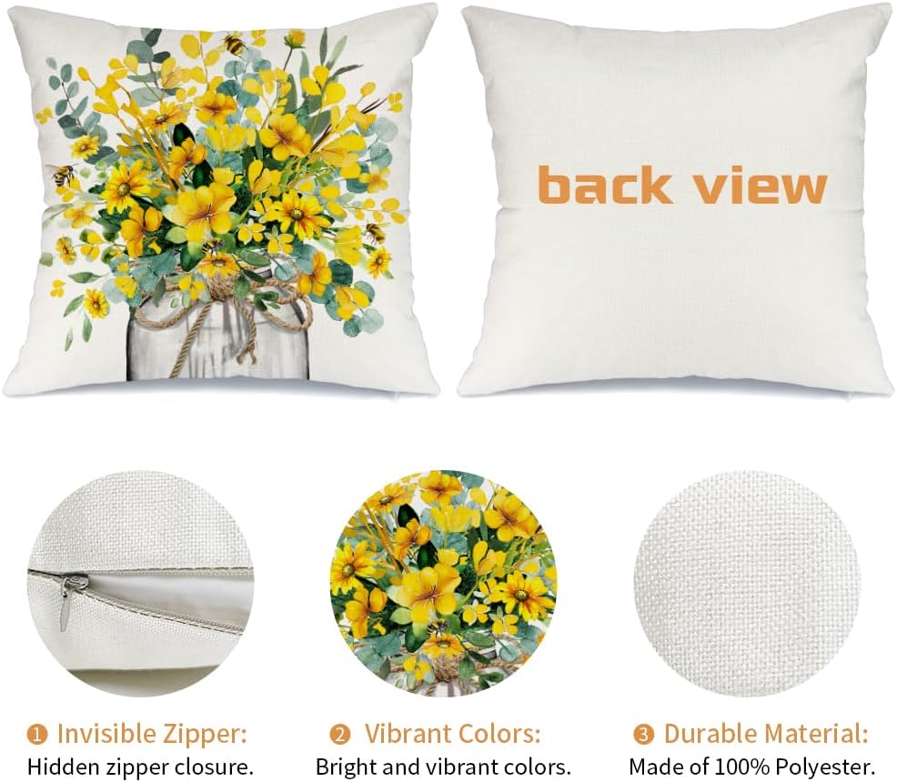 AACORS Spring Pillow Cover 18x18 Inch Eucalyptus Flowers Decor Vase Bee Farmhouse Summer Pillow Case Decorations for Home Sofa Couch AA509-18