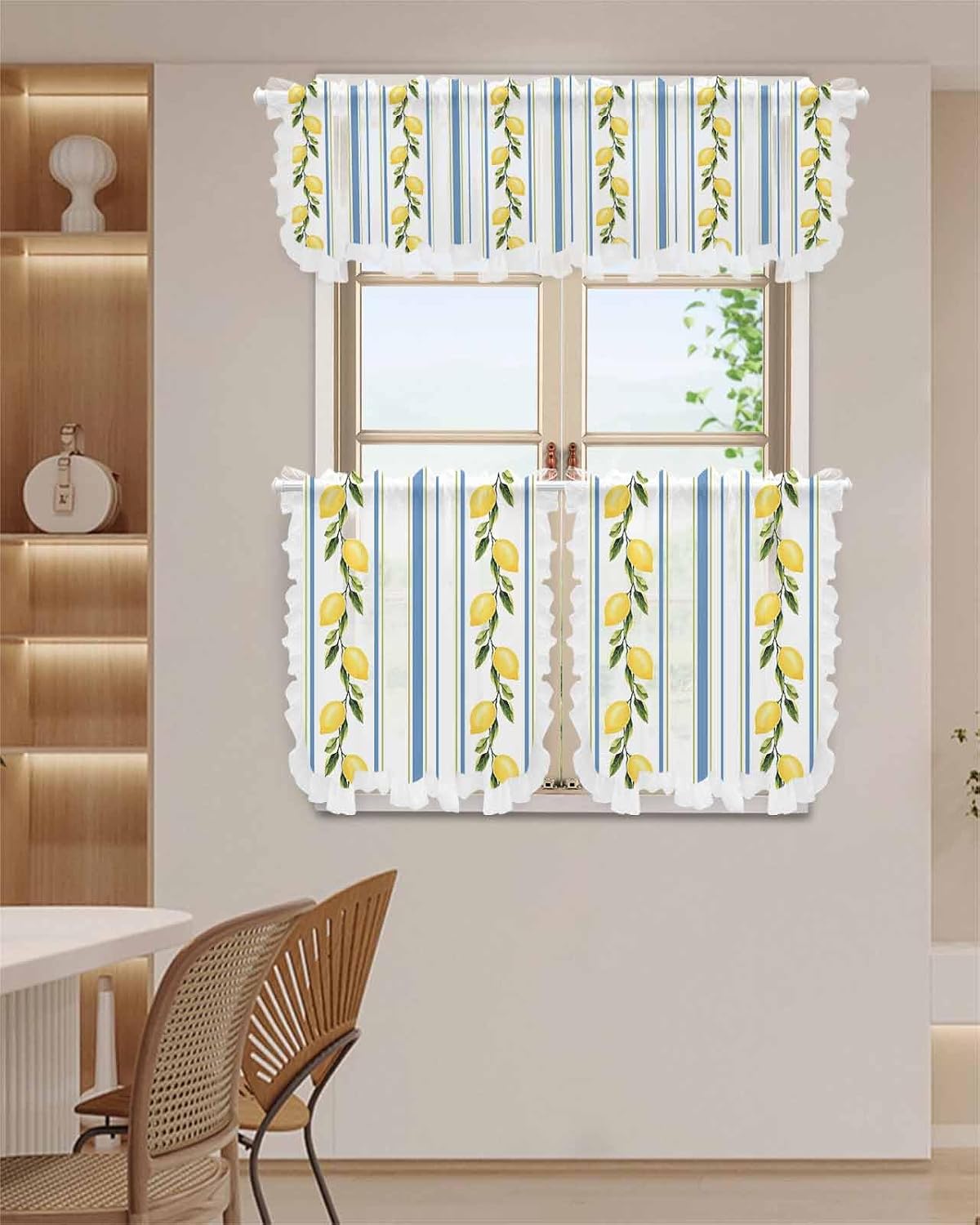 Lemon Sheer Kitchen Curtains and Valance Set Blue Striped Summer Fruit Ruffle Tier Curtain Light Filtering Small Window Drapes for Cafe Living Room, 3 Pieces, 54" x 36"