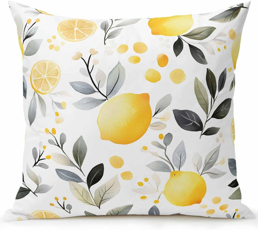 Summer Lemon 18x18 Waterproof Outdoor Throw Pillow with Insert, Watercolor Fruit Grey Leaf Patio Decorative Cushion for Outdoor Sofa Furniture, Porch Balcony Garden Pillow, 1 Pack