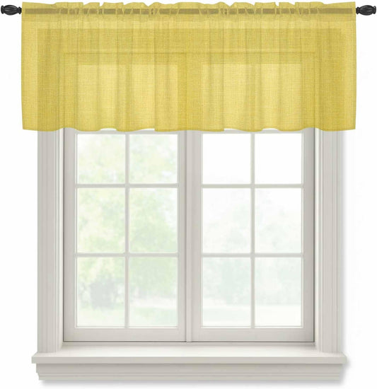 Vintage Linen Sheer Curtain 18 Inch Long Pastoral Yellow Linen Texture Farmhouse Light Filtering Rod Pocket Voile Curtain Valance for Bedroom Kitchen Cafe Window 54" W x 18" L