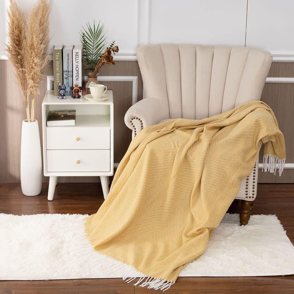 Gealaek Decorative Herringbone Faux Cashmere Throw Blanket Yellow Cheveron Fringe Lightweight Fuzzy Soft Cozy Throws for Sofa Bed Farmhouse Throw Blanket 50" x 60"
