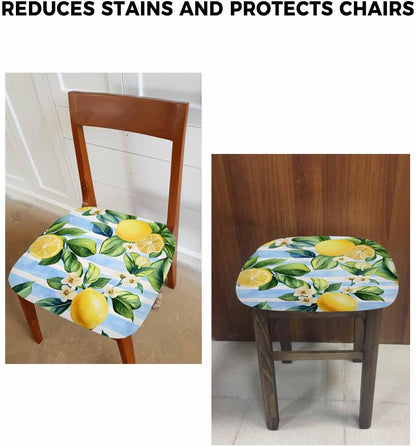 Savannan Dining Room Chair Seat Covers Set of 4 Summer Lemon Yellow Removable Stretch Chair Seat Cushion Slipcovers Protector for Holiday Party Festival Decoration, Green Leaf Blue Stripes