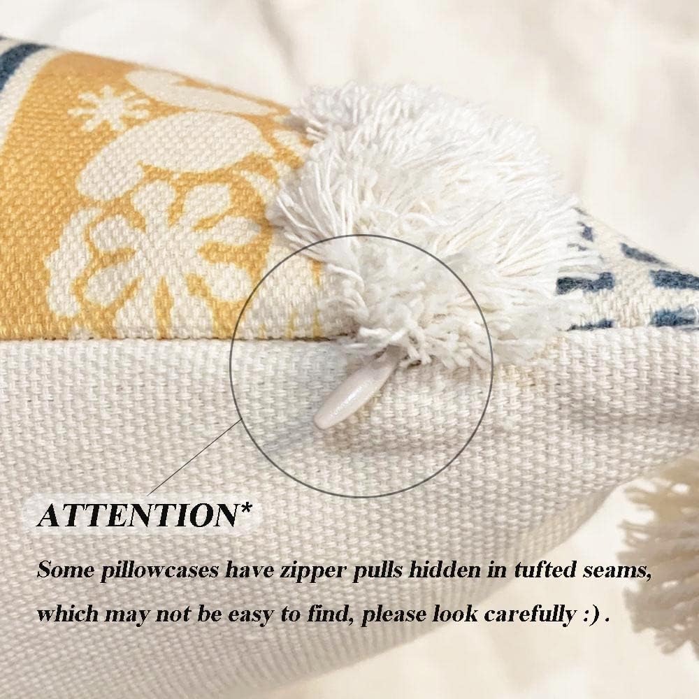 Lumber Boho Throw Pillow Cover for Couch Sofa - Cotton Hand-Woven Tufted Moroccan Decorative Pillowcase with Tassels for Farmhouse Living Room Bedroom Car Hotel - Yellow 12 x 20 Inches