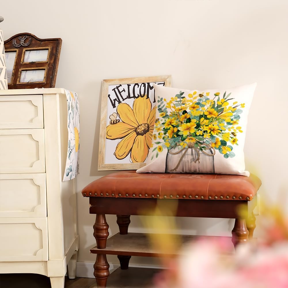 AACORS Spring Pillow Cover 18x18 Inch Eucalyptus Flowers Decor Vase Bee Farmhouse Summer Pillow Case Decorations for Home Sofa Couch AA509-18