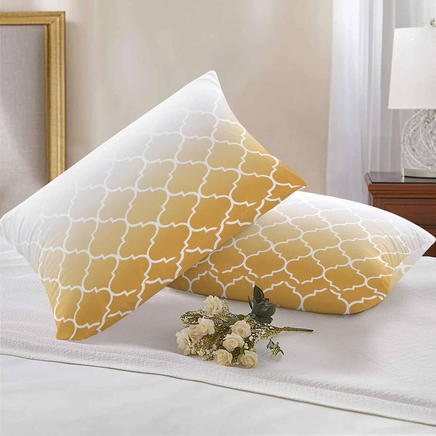 Outdoor Pillow Cover 20x12inch Set of 2, Yellow Gradient Moroccan Pattern Waterproof Decorative Throw Pillow Cover for Couch Sofa, White Stripes Buffalo Check Cushion Cases for Patio Garden