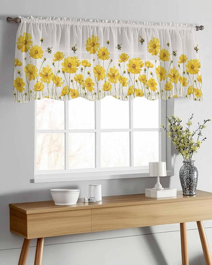 Yellow Daisy Floral Sheer Valance Curtains for Kitchen Living Room Decor, Honey Bee Rustic Flowers Semi Sheer Curtain Voile Valance Rod Pocket Window Treatment Short Curtain Panel 54"x18"