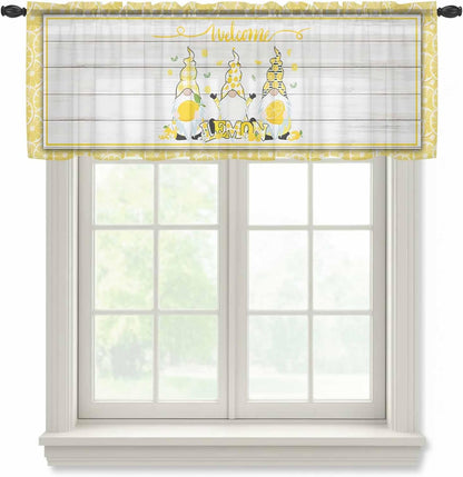 Sheer Valances for Windows Fruit Lemon Gnome Window Valances Rod Pocket Farmhouse Plants Wood Grain Window Treatment Sheer Curtains for Kitchen Living Room Bedroom Bathroom 54x18in