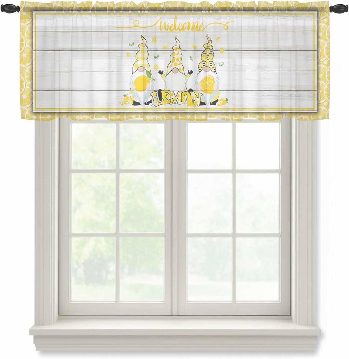 Sheer Window Valance Fruit Lemon Gnome Semi Voile Short Curtain Rod Pocket Farmhouse Plants Wood Grain Valances Window Treatment for Bedroom Living Room Kitchen 54x18in