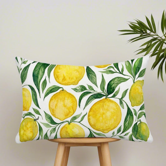 Yellow Lemon Lumbar Pillow Cover 12x20 Inch, Double-Sided Watercolor Citrus Fruit with Green Leaf Cushion Cover, Summer Farmhouse Decorative Throw Pillow Case for Sofa Couch Home Decor