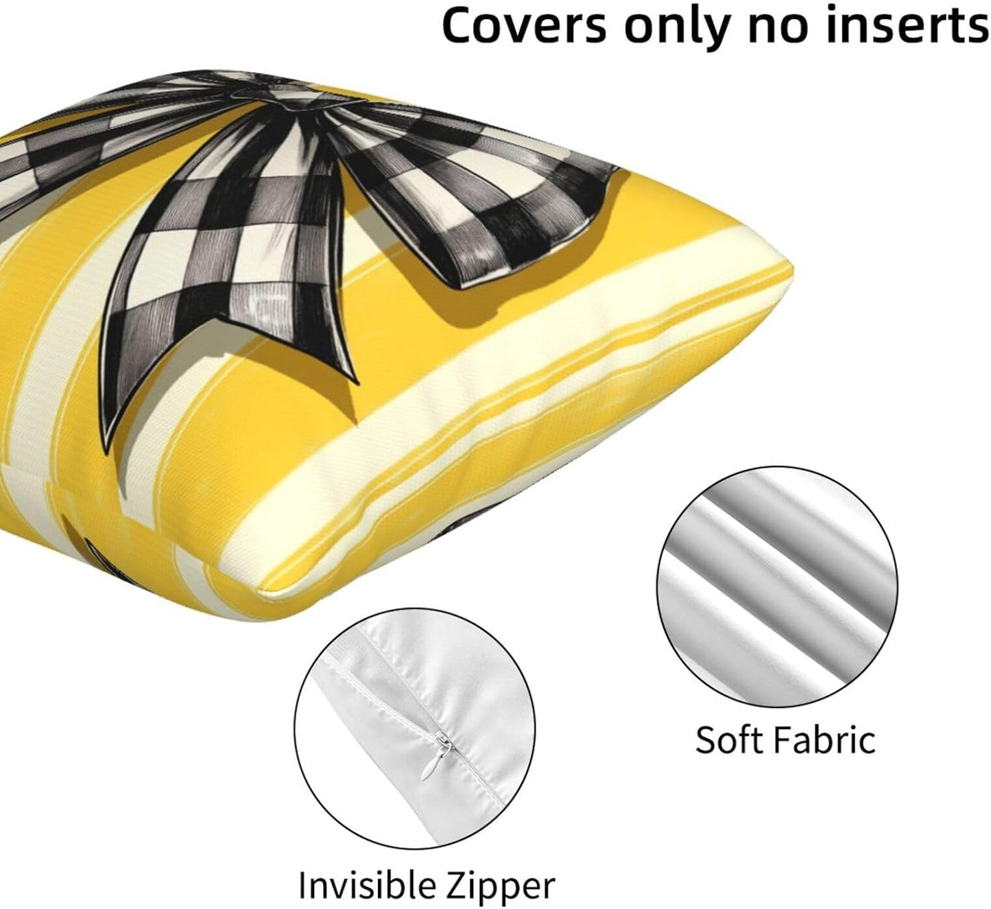 Black White Checkered Bow On Yellow Stripe Throw Pillows Covers, Couch Sofa Pillow Cases,Zipper Bedding Cushion Cases for Living Room,18x18 Inch