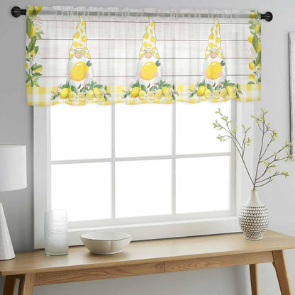 Lemon Gnomes Sheer Curtains Valances for Windows Summer Country Yellow Fruit Wooden Plaid Chiffon Kitchen Valances for Cafe, Voile Window Treatments Curtains for Living Room Bedroom, 54"x18"
