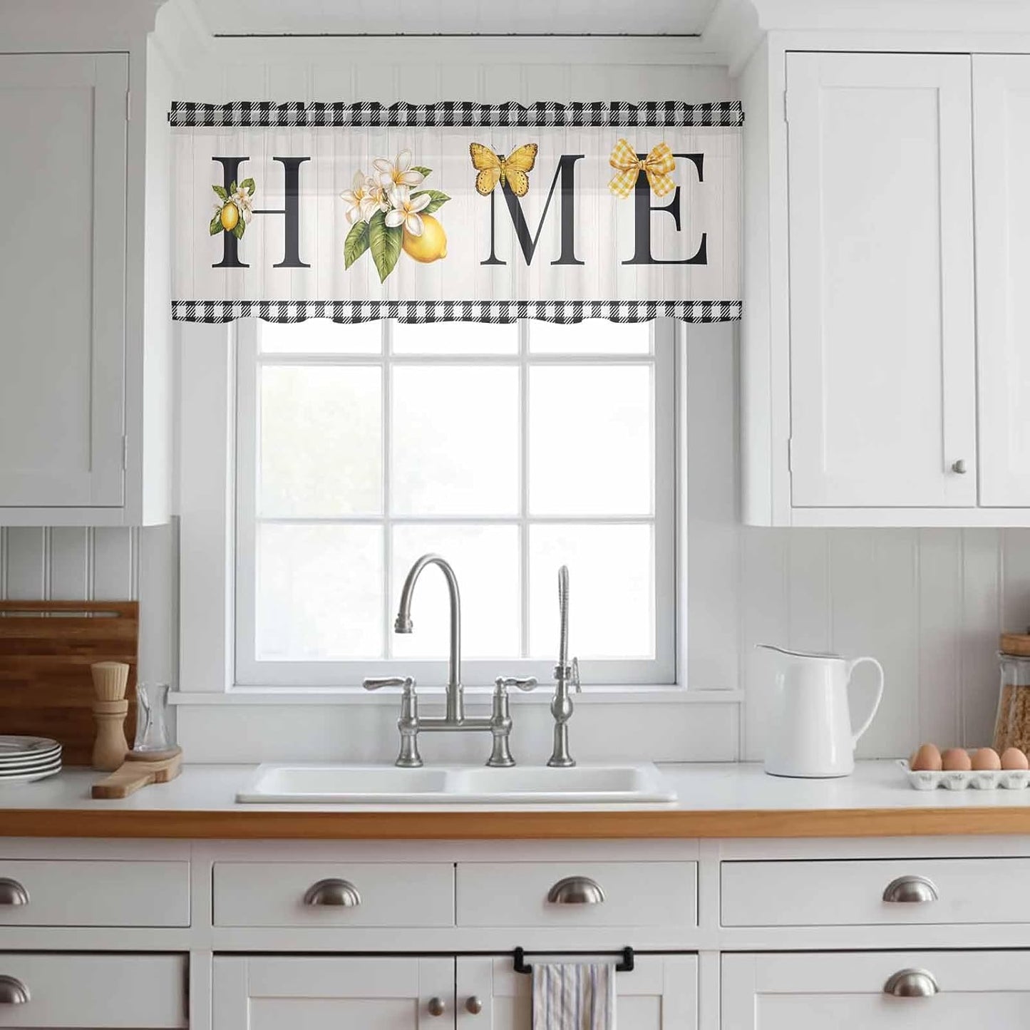 Farmhouse Lemon Sheer Curtains Valances for Windows Black Yellow Floral Buffalo Plaid Gray Chiffon Kitchen Valances for Cafe, Voile Window Treatments Curtains for Living Room Bedroom, 54"x18"