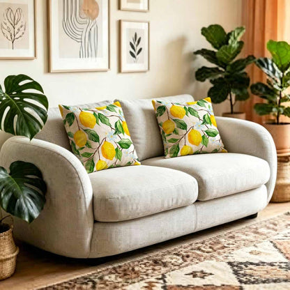 Yellow Lemon and Flower Linen Throw Pillow Covers 16x16 Inches Refreshing Visual Decorative Cushion Lovers of Fresh Designs, Living Room and Bedroom