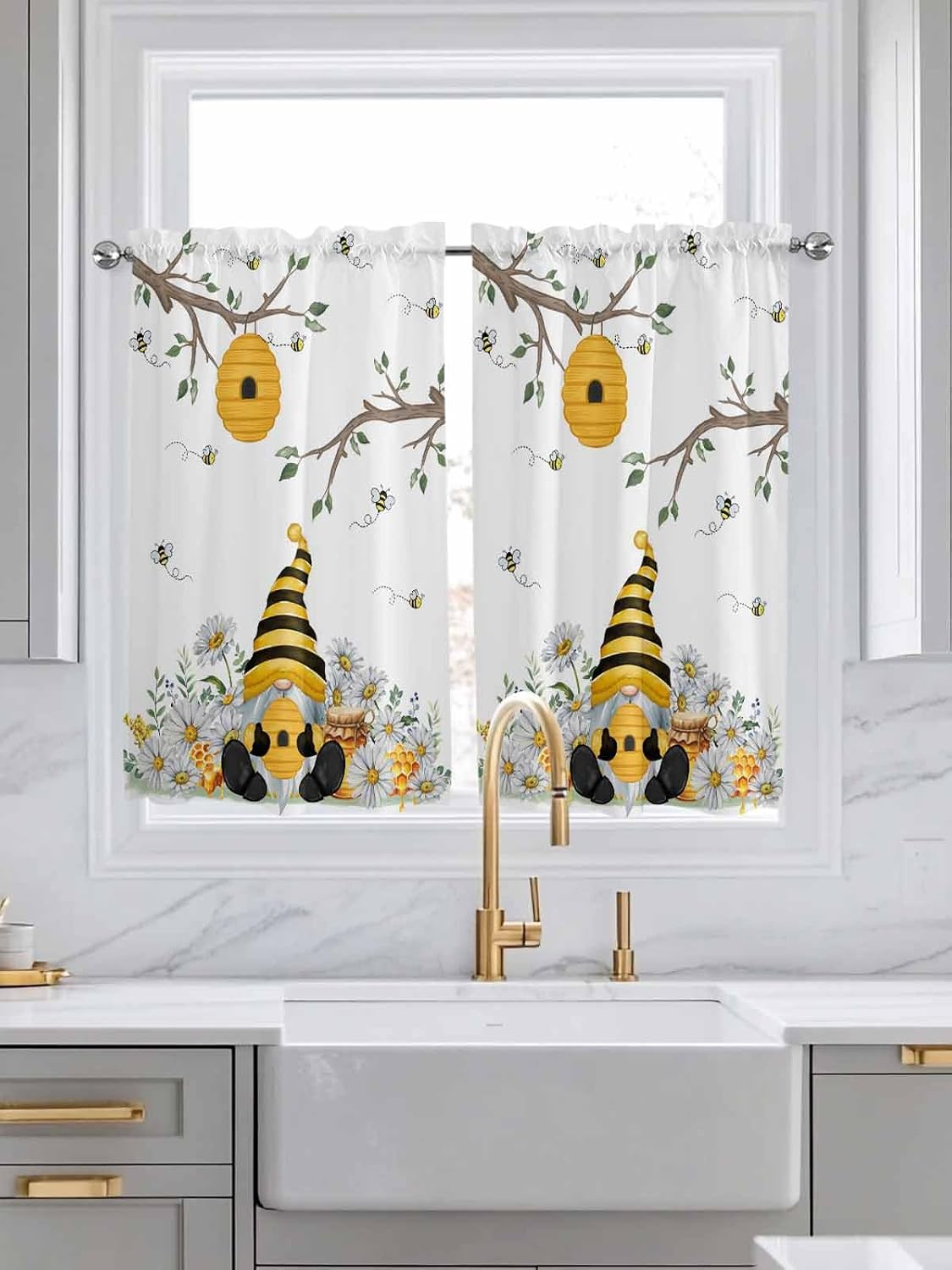 Yellow Gnomes Small Window Curtains 45 Inch Length, Bees Spring Floral Daisy Branches Rod Pocket Window Treatment Kitchen Drapes for Bedroom, Cafe, Living Room, 2 Panels, 27.5 W x 45 L