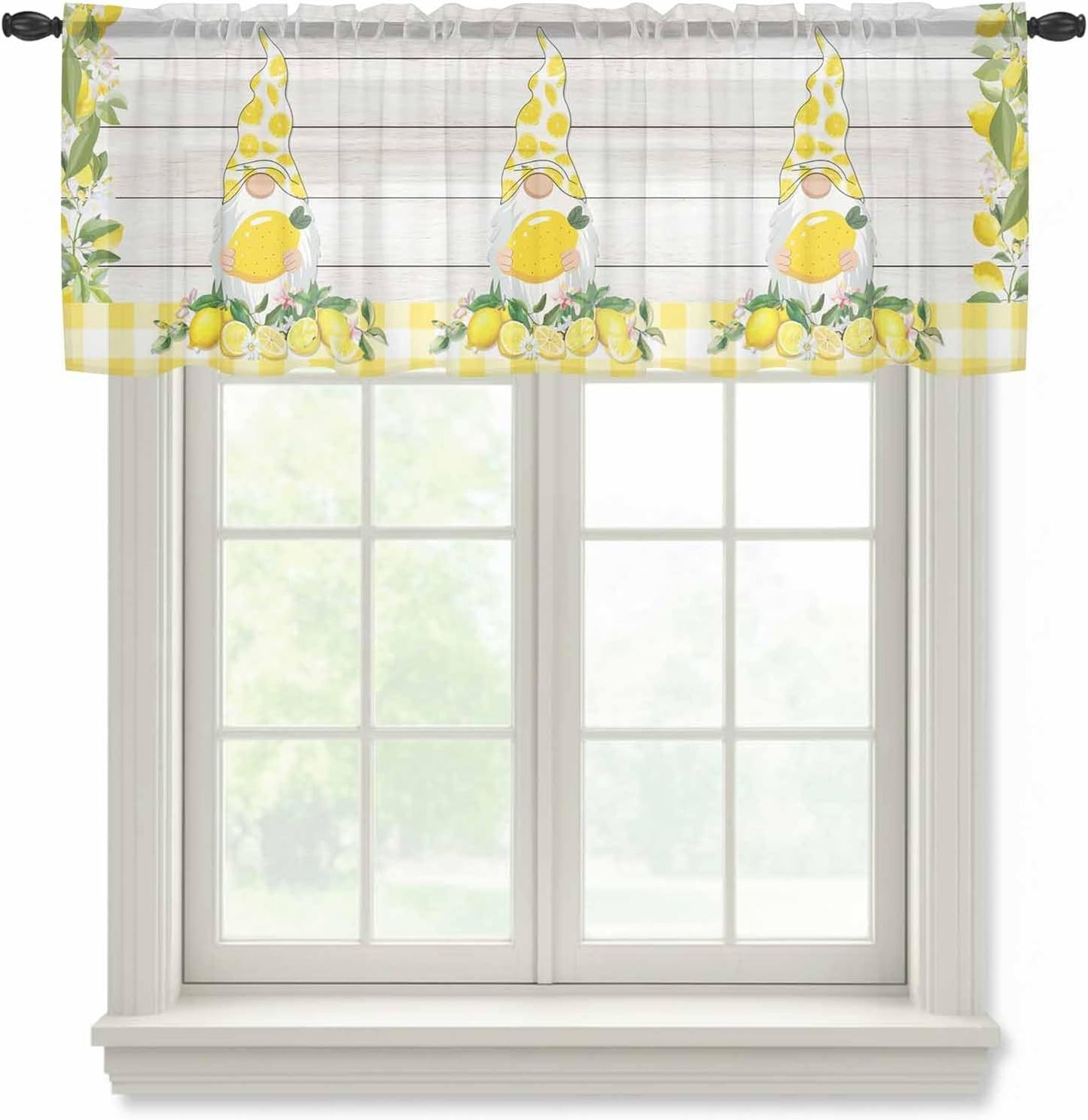 Lemon Gnomes Sheer Curtains Valances for Windows Summer Country Yellow Fruit Wooden Plaid Chiffon Kitchen Valances for Cafe, Voile Window Treatments Curtains for Living Room Bedroom, 54"x18"