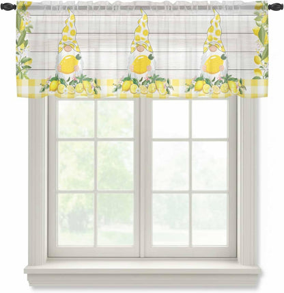 Lemon Gnomes Sheer Curtains Valances for Windows Summer Country Yellow Fruit Wooden Plaid Chiffon Kitchen Valances for Cafe, Voile Window Treatments Curtains for Living Room Bedroom, 54"x18"