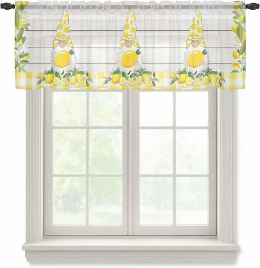 Lemon Gnomes Sheer Curtains Valances for Windows Summer Country Yellow Fruit Wooden Plaid Chiffon Kitchen Valances for Cafe, Voile Window Treatments Curtains for Living Room Bedroom, 54"x18"