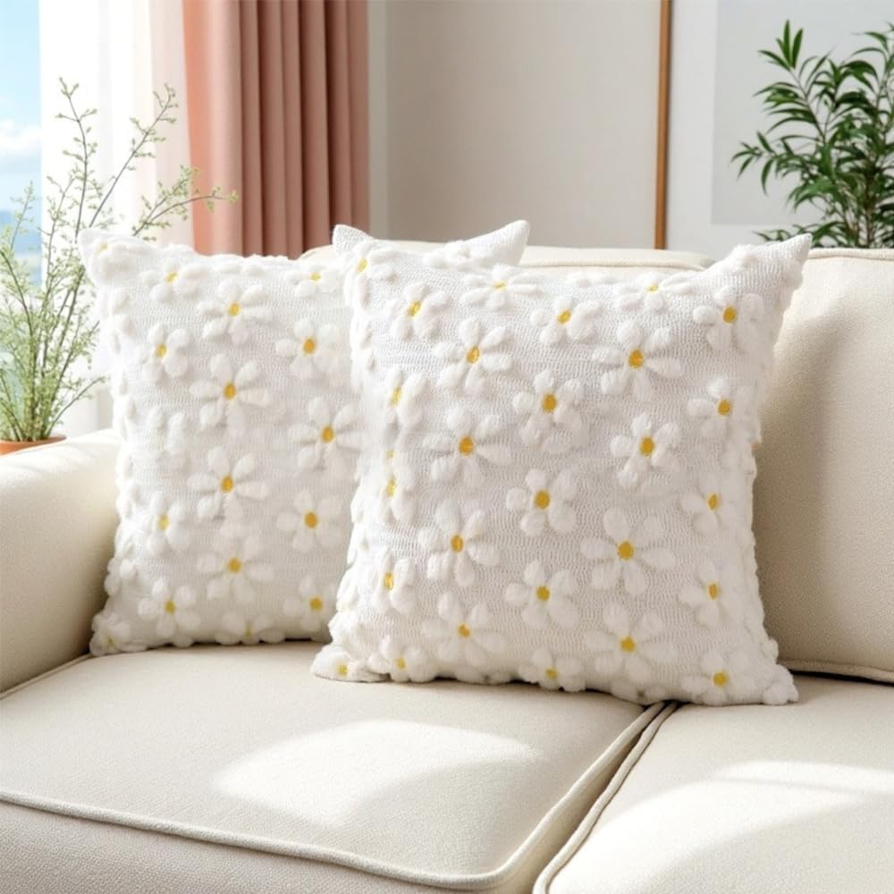 Farmhouse Throw Pillow Cover Yellow White Daisy - 18 x 18 Inch Plush Faux Fur Jacquard Cushion Cover - Set of 2 Artificial fur Embroidery Flower Cushion Case for Livingroom Bed Couch Decor