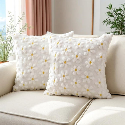 Farmhouse Throw Pillow Cover Yellow White Daisy - 18 x 18 Inch Plush Faux Fur Jacquard Cushion Cover - Set of 2 Artificial fur Embroidery Flower Cushion Case for Livingroom Bed Couch Decor
