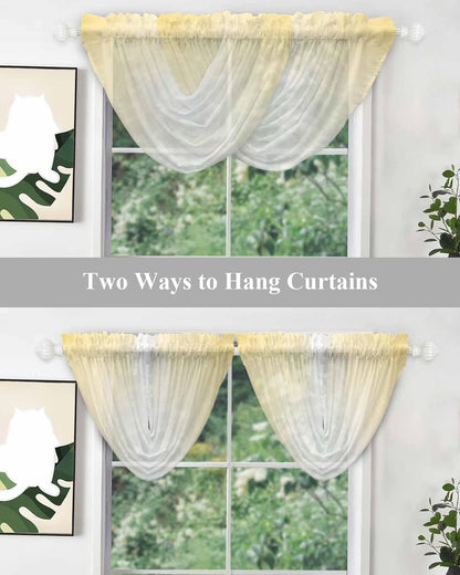Lemon Yellow White Ombre Waterfall Valance for Windows/Living Room/Bedroom, Modern Abstract Gradient Color Art Sheer Swag Valances Rod Pocket Curtains Kitchen Bathroom Window Treatment 1 Panel