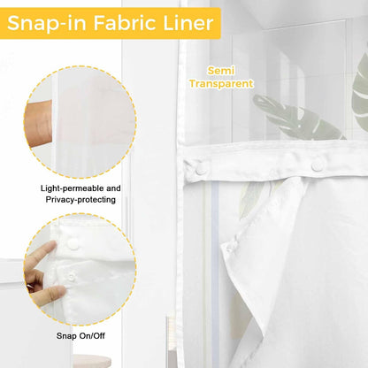 QueenKer Lemon Striped Shower Curtains Set Yellow Fruit Blue White No Hook Shower Curtains with Snap in Liner 72" x 72" Waterproof Fabric See Through Top Sheer Window for Bathroom Shower Room