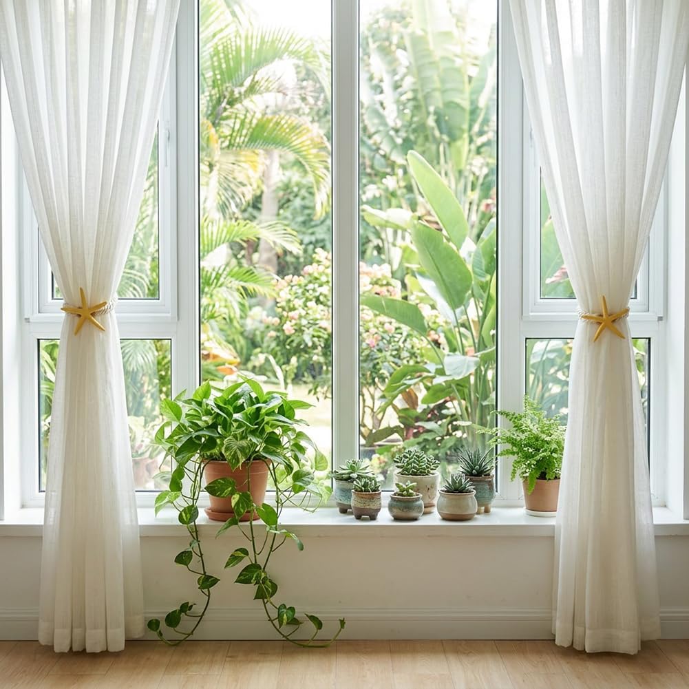 4PCS Starfish Curtain Tiebacks - Hand-Woven Rope Tiebacks for Indoor & Outdoor Decor, Perfect for Coastal Bedroom Curtains & Living Room Window Decor (Yellow)