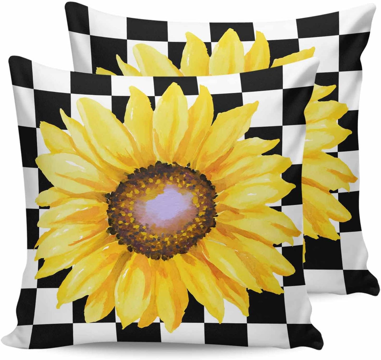 Pillow Covers 20x20 Set of 2, Sunflower Square Throw Pillow Covers for Couch/Sofa/Living Room, Yellow Fall Floral Black White Lattice Check Decorative Soft Pillowcases for Couch Throw Pillows