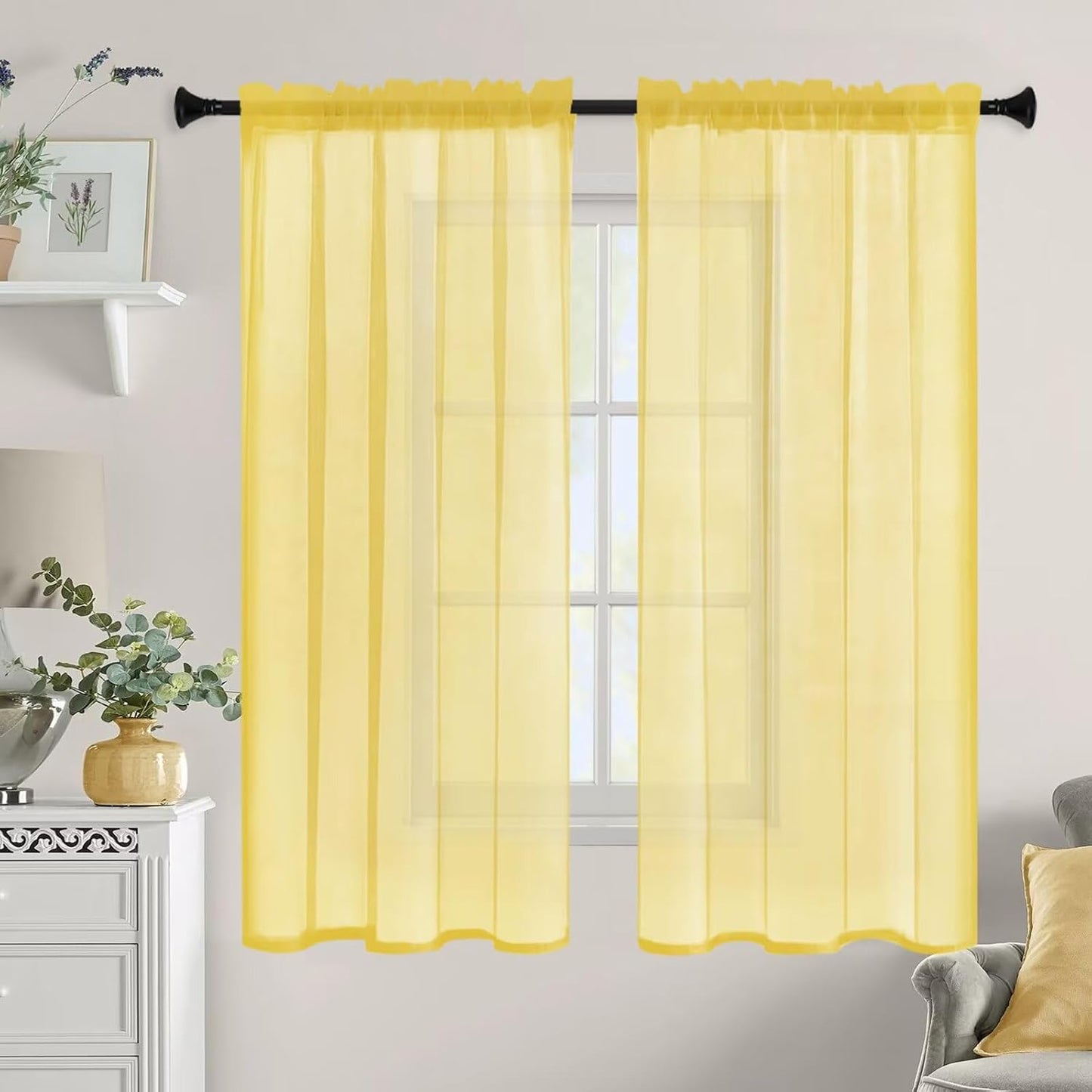 Sheer Curtains 45 Inches Long 2 Panels, Rod Pocket Short Curtain for Kitchen, Bedroom, Cafe Window(Yellow 38" W x 45" L)
