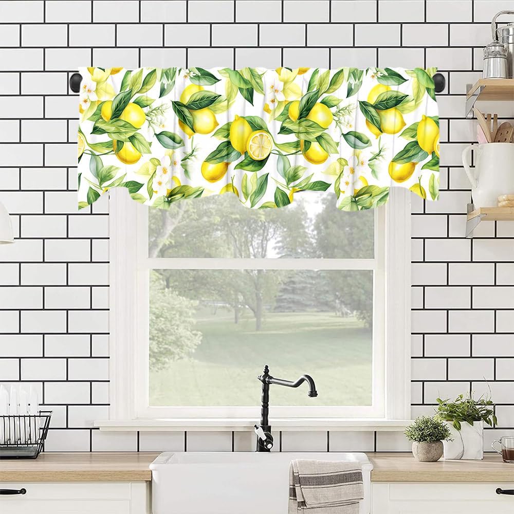 Yongqian 18x54inch Lemon Fruit Window Treatment Valance Watercolor Print Green Leaves Yellow Lemon Window Valance with Rod Pocket Kitchen Dining Room Decoration