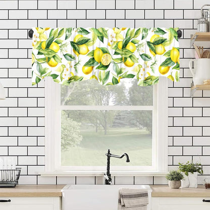 Yongqian 18x54inch Lemon Fruit Window Treatment Valance Watercolor Print Green Leaves Yellow Lemon Window Valance with Rod Pocket Kitchen Dining Room Decoration