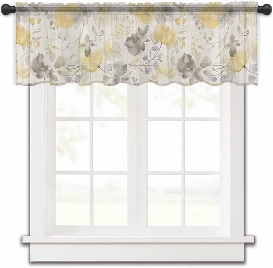 Yellow Gray Floral Watercolor Sheer Curtain Valances for Windows Kitchen Curtains Vintage Country Style Chiffon Window Treatments Rod Pocket Short Topper Valance for Living Room Bathroom 42x12 Inch