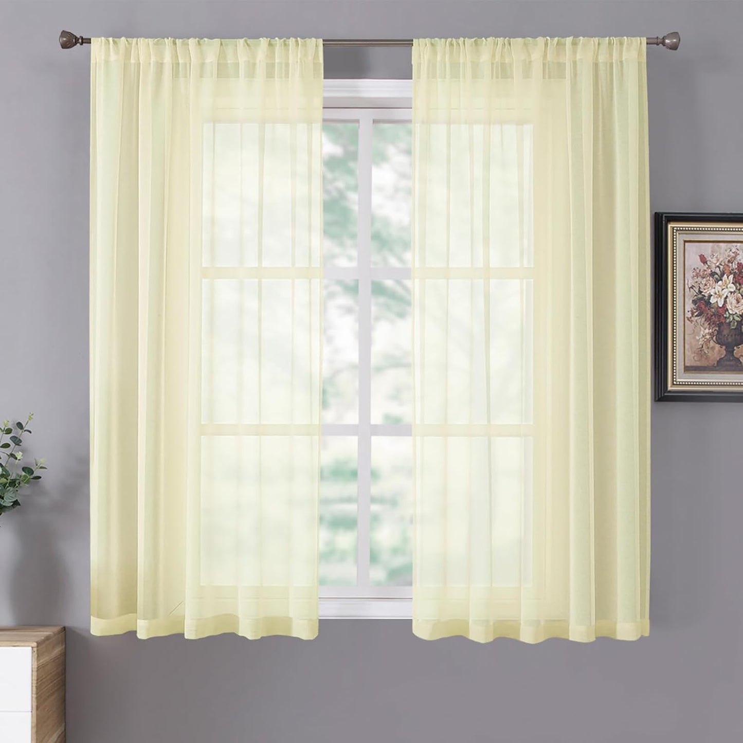 Tollpiz Short Sheer Curtains Linen Textured Living Room Curtain Sheers Light Filtering Rod Pocket Voile Curtains for Bedroom, 42 x 45 inches Long, Transparent Yellow, Set of 2 Panels