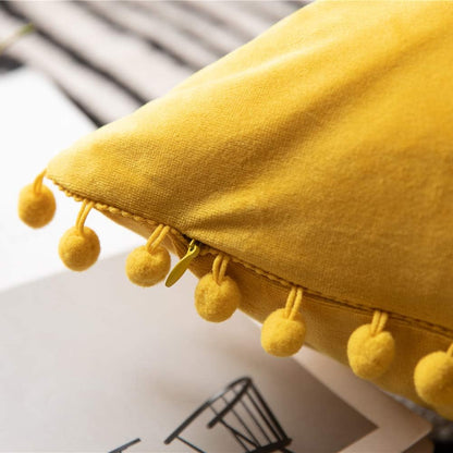 DEZENE Couch Pillow Covers 12x20 Yellow: 2 Pack Cozy Soft Pom-poms Velvet Rectangular Throw Pillow Cases for Farmhouse Home Decor