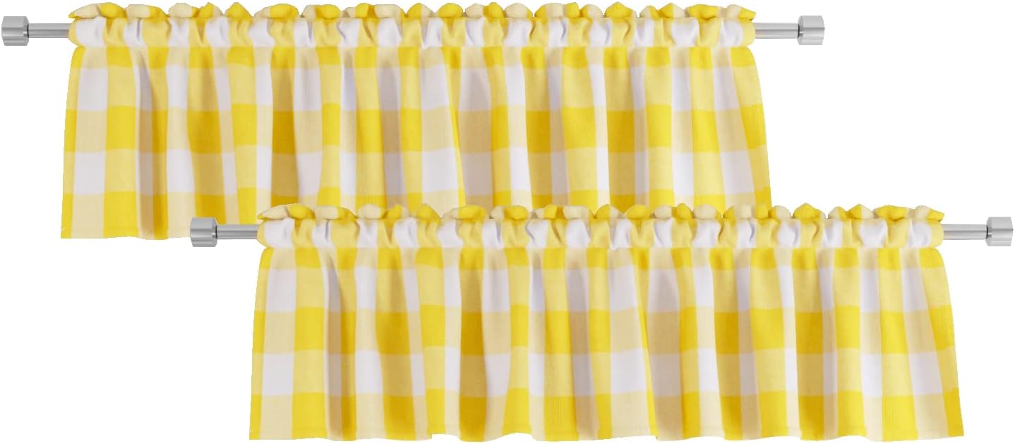 2 Pack Buffalo Check Valances for Windows Living Room 18 inches Long Classic Gingham Plaid Bedroom Bathroom Rod Pocket Country Farmhouse Kitchen Window Curtain Valances - 54"x18" Yellow & White