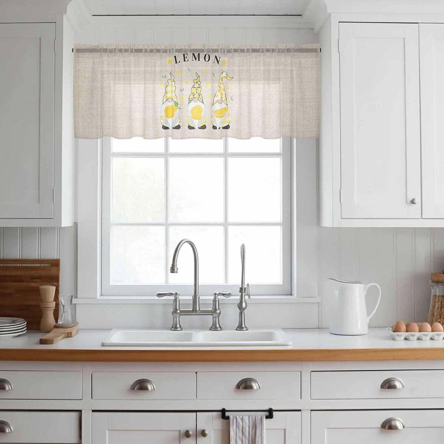 Sheer Window Valance Fruit Lemon Summer Gnome Semi Voile Short Curtain Rod Pocket Farmhouse Green Leaves Valances Window Treatment for Bedroom Living Room Kitchen 54x18in
