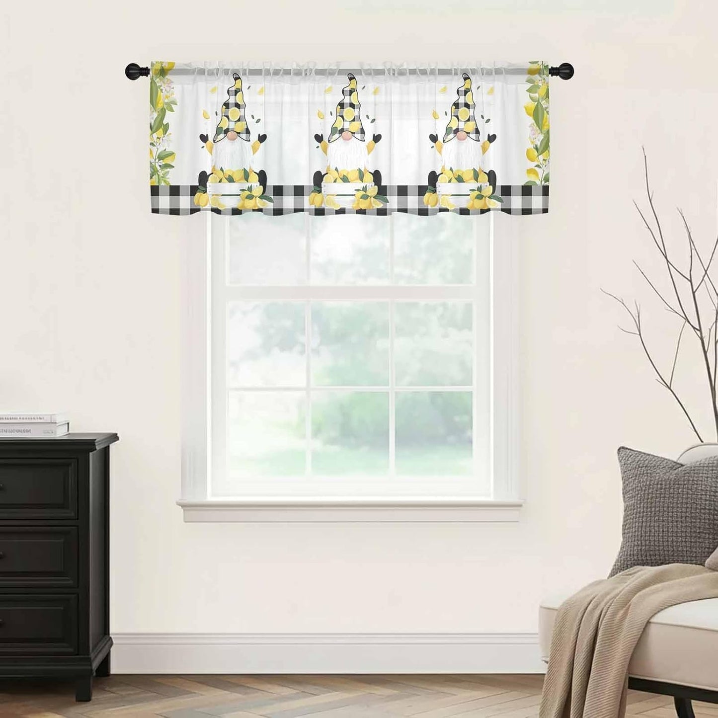 Lemon Gnome Sheer Valance Curtains, Green Leaf Black Plaid Farm Fruit Idyllic Wind Light Filtering Kitchen Valances Rod Pocket Voile Curtain Window Treatment for Bedroom/Living Room/Basement 54Wx18L