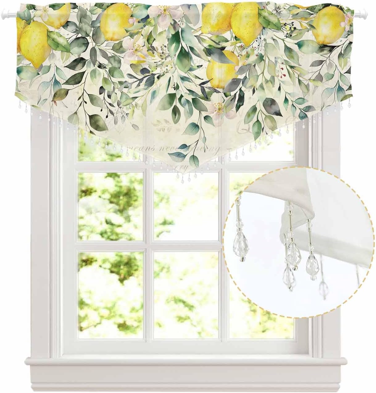 Summer Lemon Floral Beaded Sheer Curtains for Windows, Rod Pocket Triangle Semi Sheer Swag Valance Sage Green Eucalyptus Leaves Botanical Tassel Bead Trim Toppers Window Treatment Panel 52''x18'' 1PCS