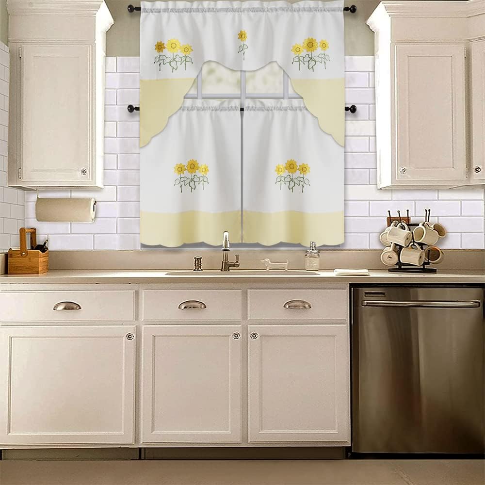 All American Collection Modern Contemporary 3pc Embroidered Home Kitchen Window Treatment Curtain Set (Swag Valance, Yellow Sunflower)