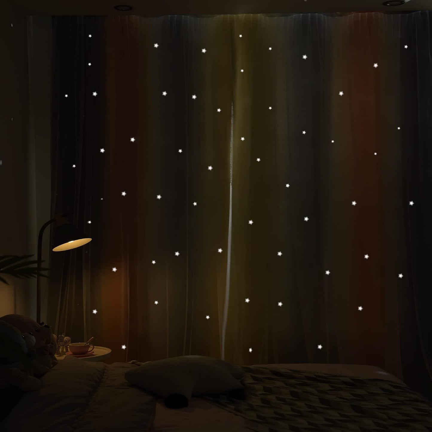 Nursery/Kids/Girls Room Star Cut Out Blackout Rainbow Curtain with Sheer Overlay 2 Panels, Each 52 inch Wide,108 inch Length with White Gauze,Ombre Stripe Rainbow Curtains (2 Pcs,52x108 Inch)