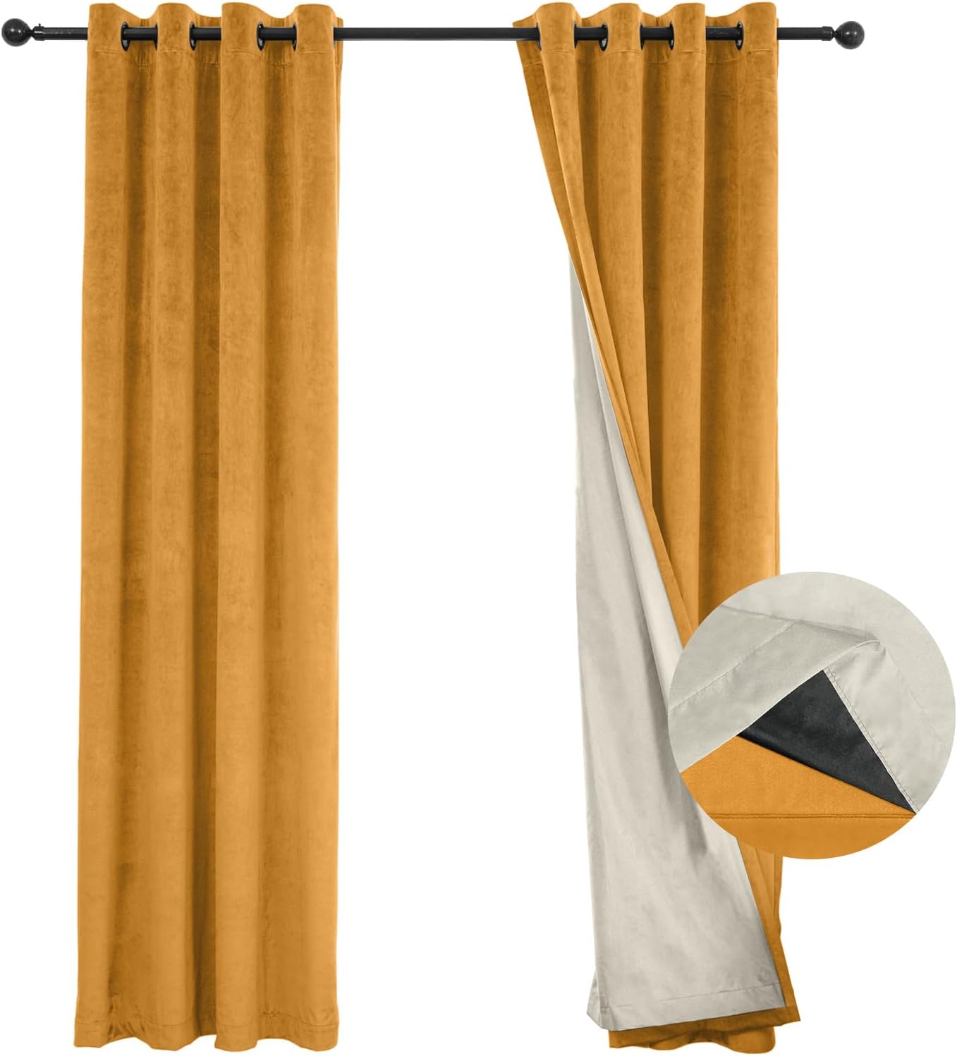 100% Full Blackout Velvet Curtains with Liner 96 inch Long 2 Panels for Living Room, Thermal Insulated Energy Saving Room Darkening Grommet Window Drapes for Bedroom, 52x96 Golden Yellow