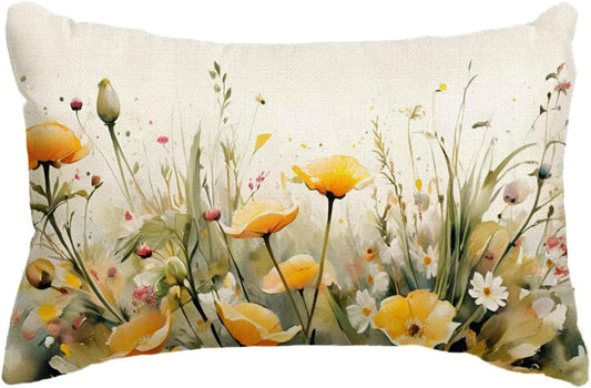 Floral Decorative Throw Pillow Cover 20 x 12 inches Blooming Flowers Lumber Pillow Cases for Porch Patio Rustic Farmhouse Spring Summer Decor Cushion Covers (Yellow)