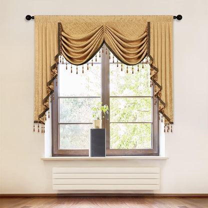 ELKCA Jacquard Waterfall Valance with Luxury Beads Yellow Window Curtains Valance for Living Room,Rod Pocket, 1 Panel (Yellow, W59 inch)