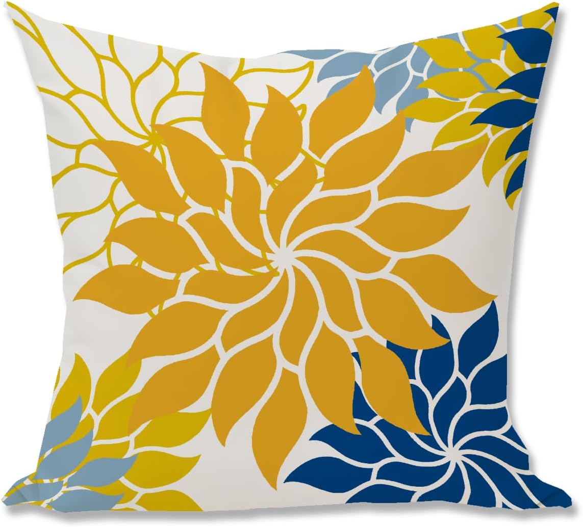 Boho Floral Abstract Pillow Cover,Yellow Blue Dahlia Decorative Cushion Case to Sofa/Bed/Living Room, Gift for Mom, Friends,Housewarming, Birthdays & Spring Summer Home Decor,18x18 Inch
