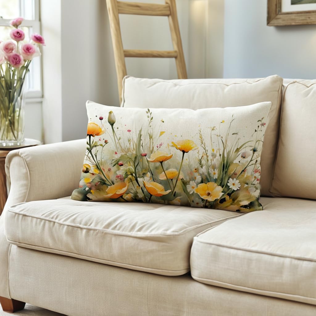 Floral Decorative Throw Pillow Cover 20 x 12 inches Blooming Flowers Lumber Pillow Cases for Porch Patio Rustic Farmhouse Spring Summer Decor Cushion Covers (Yellow)
