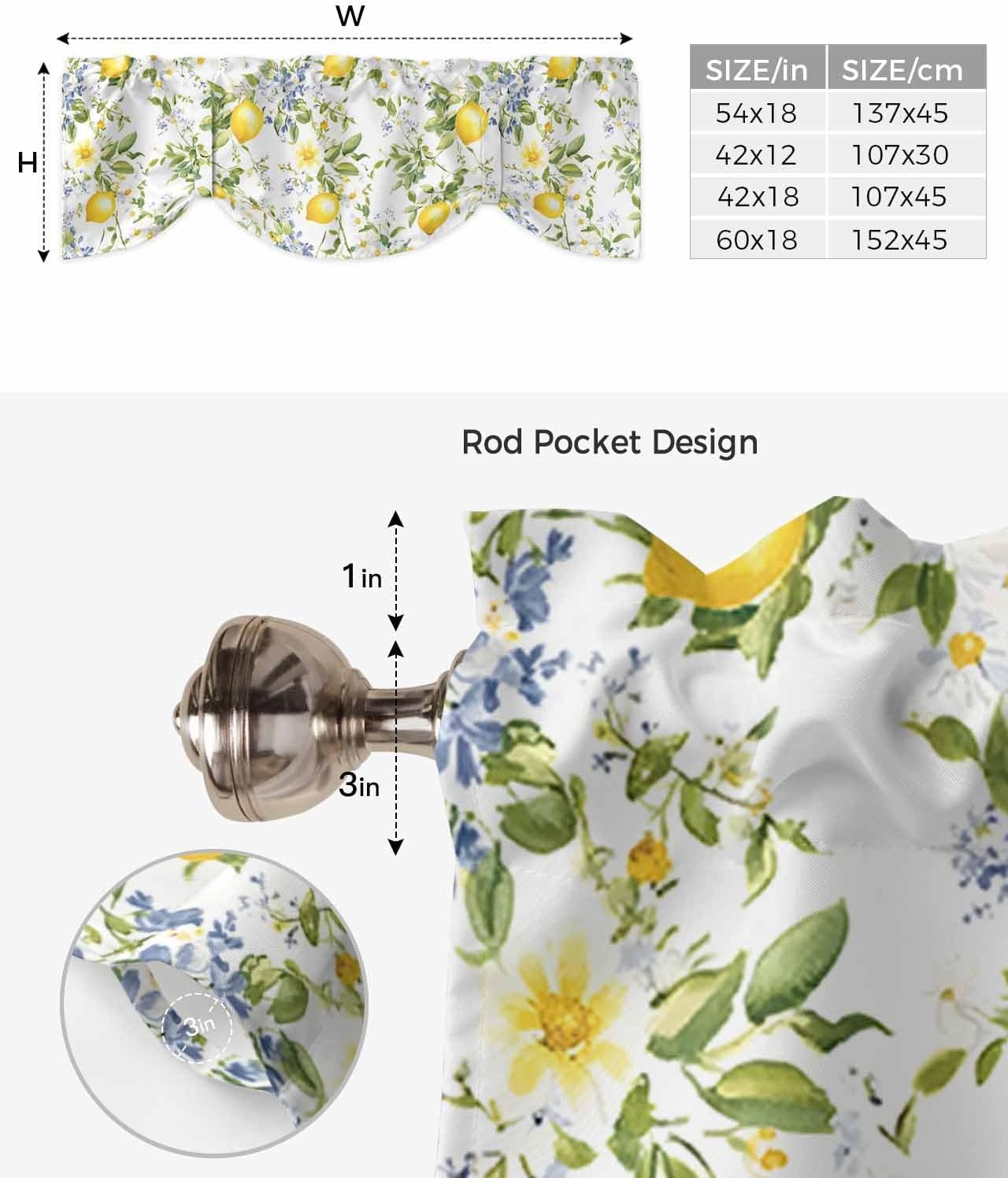 Summer Lemon Tie Up Valance for Window, Watercolor Yellow Spring Floral Botanical Adjustable Balloon Window Shade Valance Curtain for Kitchen Cafe Bathroom Window Treatment Panel 54''x18''