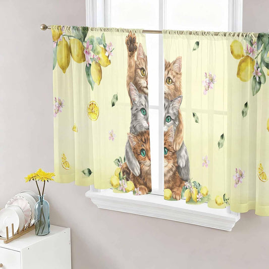 Lemons Cats Sheer Window Chiffon Curtains 54 Inches Long, Summer Rustic Botanical Fruits Yellow Windows Voile Curtain for Living Room, Elegant Light Filtering Window Drapes, 52"W x 54"L, 2 Panels