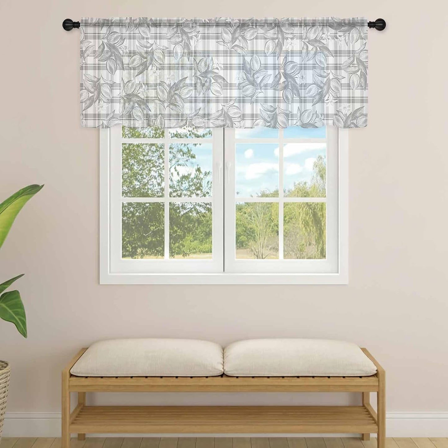 Hand Painted Sheer Curtain 18 Inch Long Summer Lemon Flowers Grey Plaid Light Filtering Rod Pocket Voile Curtain Valance for Bedroom Kitchen Cafe Window 54" W x 18" L
