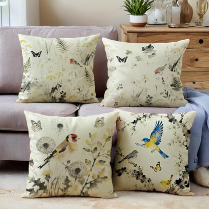 Chinese Ink Throw Pillow Covers with Birds Butterfly Wildflowers Cushion Cases Asian Garden Theme Pillowcases Botanical Wildlife Farmhouse Spring Summer Decor for Sofa Couch(Grey/Yellow)